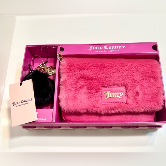 Juicy Couture Handbags - Juicy Couture Faux Fur Hot Pink Free Love Flap Crossbody & Black Fluffy Keychain